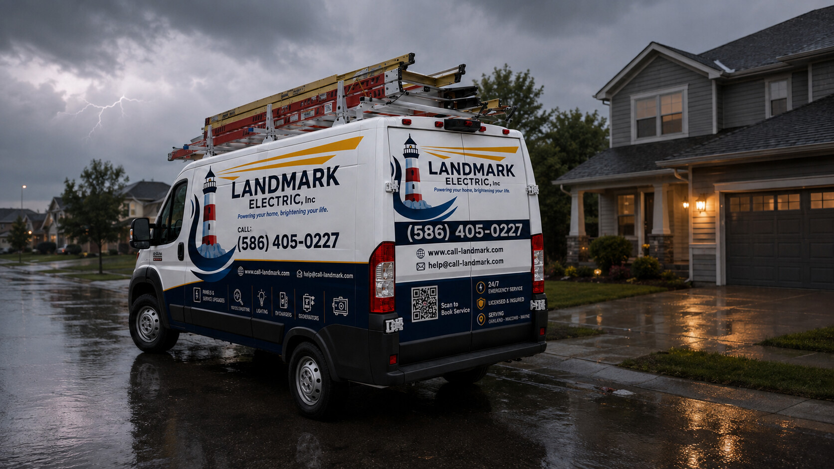 Landmark Electric service van on site at a Metro Detroit home during storm conditions